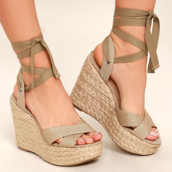 Lulus Shoes - Esme Natural Lace-Up Espadrille Wedges